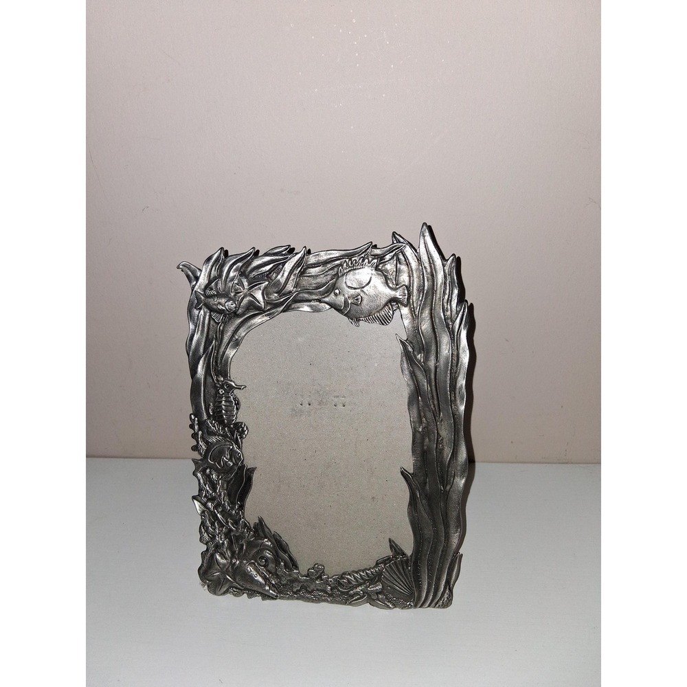 Vintage Pewter Tone Metal Picture Frame Coastal Ocean Theme Made in Taiwan